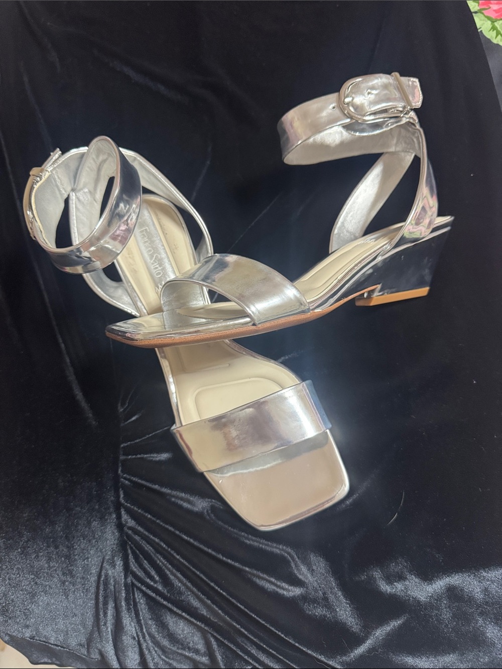 NEW Franco Sarto Metallic Silver Ankle-Strap Heels